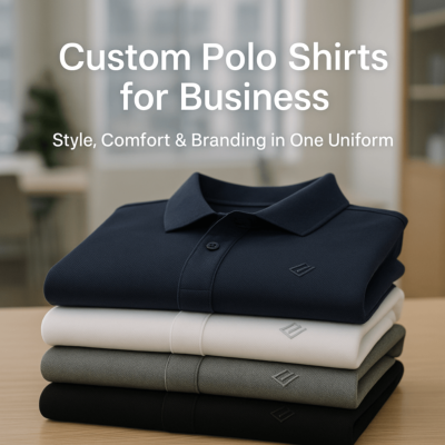 stacked samples of custom polo shirts for business from a uniform manufacturer